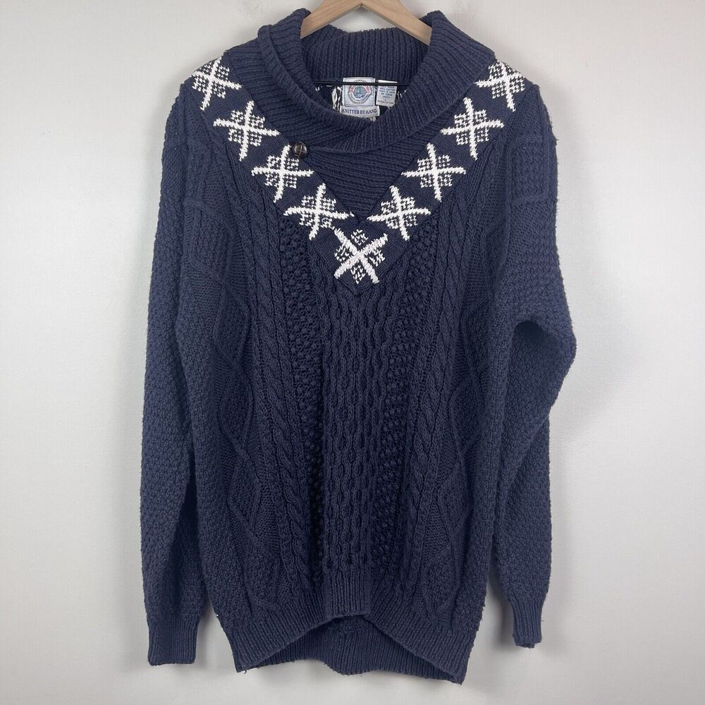 Vintage Cape Isle Knitters Men Collared Sweater Sz L Blue Heavy Fisherman Nordic